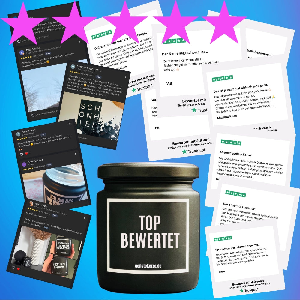 Duftkerze mit Spruch von geilstekerze ist der neue Geschenketrend. Diese witzige Kerze Vegane Bio-Kerze mit Spruch – OH HAPPY DAY brennt mega lange sagenhafte 80 Stunde, hochwertige ätherische Öle schaffen beste Duftverteilung. Mit 1400 lustigen Sprüchen perfekt zum Verschenken. Handgemacht in Deutschland von geilstekerze.de -Die beste Duftkerze die du kaufen kannst.