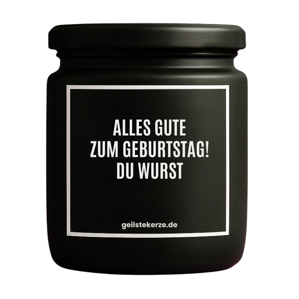 Duftkerze mit Spruch von geilstekerze ist der neue Geschenketrend. Diese witzige Kerze Vegane Bio-Kerze mit Spruch – ALLES GUTE ZUM GEBURTSTAG! DU WURST brennt mega lange sagenhafte 80 Stunde, hochwertige ätherische Öle schaffen beste Duftverteilung. Mit 1400 lustigen Sprüchen perfekt zum Verschenken. Handgemacht in Deutschland von geilstekerze.de -Die beste Duftkerze die du kaufen kannst.