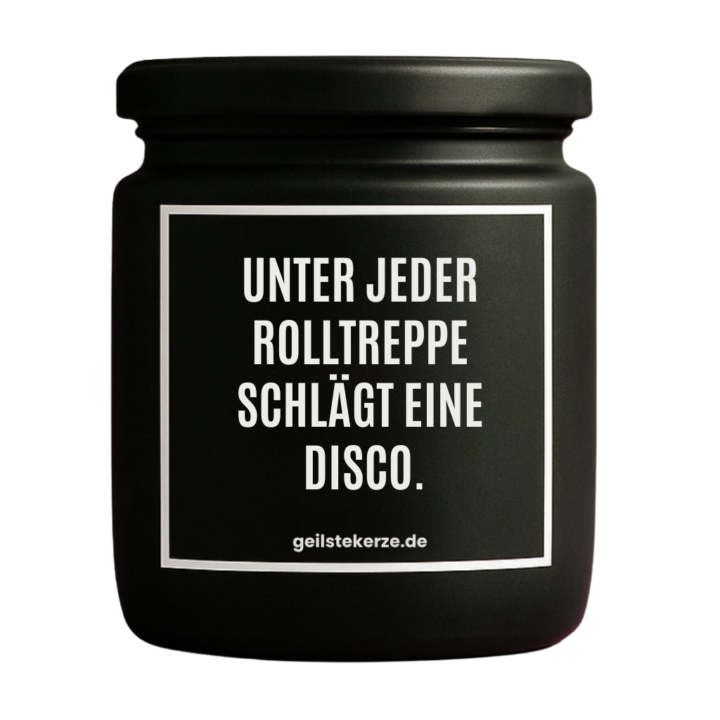 Duftkerze mit Spruch von geilstekerze ist der neue Geschenketrend. Diese witzige Kerze Vegane Bio-Kerze mit Spruch – UNTER JEDER ROLLTREPPE SCHLÄGT EINE DISCO. brennt mega lange sagenhafte 80 Stunde, hochwertige ätherische Öle schaffen beste Duftverteilung. Mit 1400 lustigen Sprüchen perfekt zum Verschenken. Handgemacht in Deutschland von geilstekerze.de -Die beste Duftkerze die du kaufen kannst.