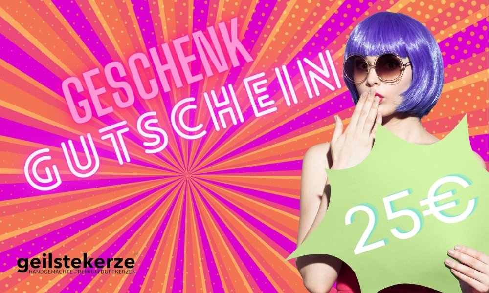 Duftkerze mit Spruch von geilstekerze ist der neue Geschenketrend. Diese witzige Kerze geilstekerze Geschenkgutschein brennt mega lange sagenhafte 80 Stunde, hochwertige ätherische Öle schaffen beste Duftverteilung. Mit 1400 lustigen Sprüchen perfekt zum Verschenken. Handgemacht in Deutschland von geilstekerze.de -Die beste Duftkerze die du kaufen kannst.