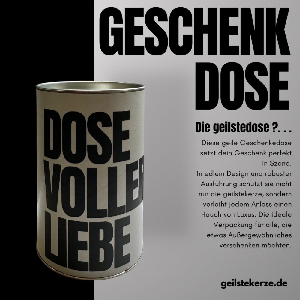 Duftkerze mit Spruch von geilstekerze ist der neue Geschenketrend. Diese witzige Kerze geilstekerze.de Geschenkdose - grau | DOSE VOLLER LIEBE brennt mega lange sagenhafte 80 Stunde, hochwertige ätherische Öle schaffen beste Duftverteilung. Mit 1400 lustigen Sprüchen perfekt zum Verschenken. Handgemacht in Deutschland von geilstekerze.de -Die beste Duftkerze die du kaufen kannst.