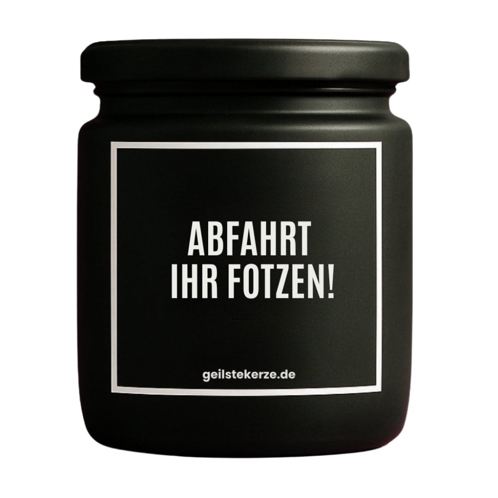 Duftkerze mit Spruch von geilstekerze ist der neue Geschenketrend. Diese witzige Kerze Vegane Bio-Kerze mit Spruch – ABFAHRT IHR FOTZEN! brennt mega lange sagenhafte 80 Stunde, hochwertige ätherische Öle schaffen beste Duftverteilung. Mit 1400 lustigen Sprüchen perfekt zum Verschenken. Handgemacht in Deutschland von geilstekerze.de -Die beste Duftkerze die du kaufen kannst.