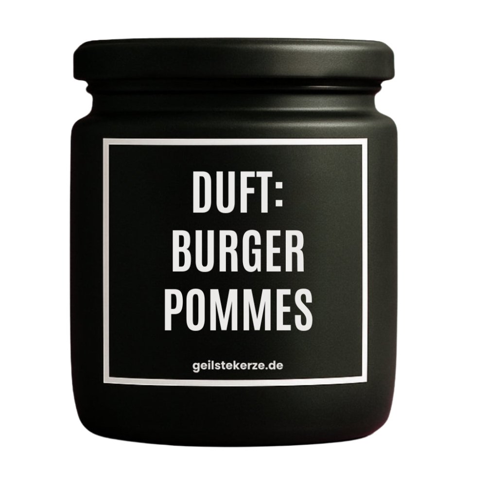 Duftkerze mit Spruch von geilstekerze ist der neue Geschenketrend. Diese witzige Kerze Vegane Bio-Kerze mit Spruch – DUFT: BURGER POMMES brennt mega lange sagenhafte 80 Stunde, hochwertige ätherische Öle schaffen beste Duftverteilung. Mit 1400 lustigen Sprüchen perfekt zum Verschenken. Handgemacht in Deutschland von geilstekerze.de -Die beste Duftkerze die du kaufen kannst.