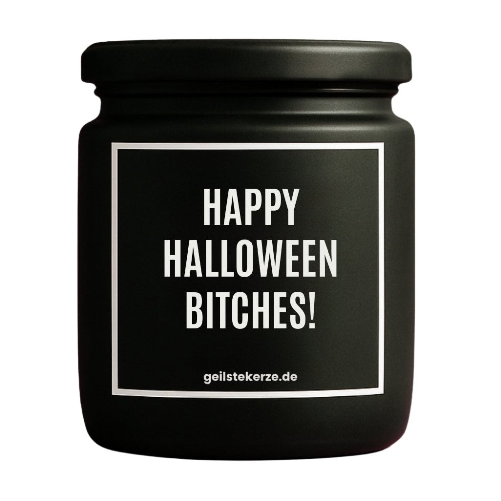 Duftkerze mit Spruch von geilstekerze ist der neue Geschenketrend. Diese witzige Kerze Vegane Bio-Kerze mit Spruch – HAPPY HALLOWEEN BITCHES! brennt mega lange sagenhafte 80 Stunde, hochwertige ätherische Öle schaffen beste Duftverteilung. Mit 1400 lustigen Sprüchen perfekt zum Verschenken. Handgemacht in Deutschland von geilstekerze.de -Die beste Duftkerze die du kaufen kannst.