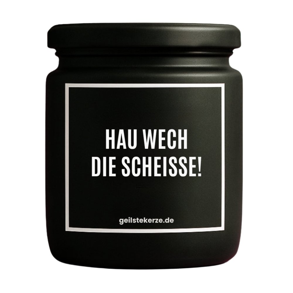 Duftkerze mit Spruch von geilstekerze ist der neue Geschenketrend. Diese witzige Kerze Vegane Bio-Kerze mit Spruch – HAU WECH DIE SCHEISSE brennt mega lange sagenhafte 80 Stunde, hochwertige ätherische Öle schaffen beste Duftverteilung. Mit 1400 lustigen Sprüchen perfekt zum Verschenken. Handgemacht in Deutschland von geilstekerze.de -Die beste Duftkerze die du kaufen kannst.