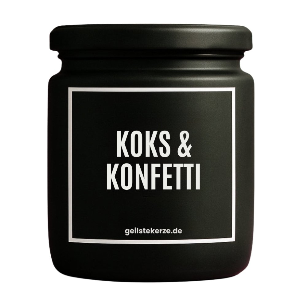 Duftkerze mit Spruch von geilstekerze ist der neue Geschenketrend. Diese witzige Kerze Vegane Bio-Kerze mit Spruch – KOKS & KONFETTI brennt mega lange sagenhafte 80 Stunde, hochwertige ätherische Öle schaffen beste Duftverteilung. Mit 1400 lustigen Sprüchen perfekt zum Verschenken. Handgemacht in Deutschland von geilstekerze.de -Die beste Duftkerze die du kaufen kannst.