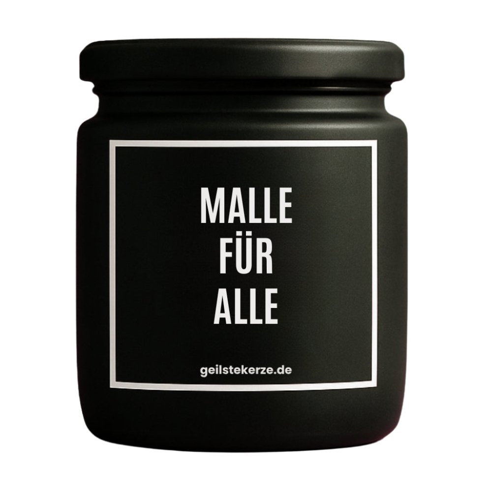 Duftkerze mit Spruch von geilstekerze ist der neue Geschenketrend. Diese witzige Kerze Vegane Bio-Kerze mit Spruch – MALLE FÜR ALLE brennt mega lange sagenhafte 80 Stunde, hochwertige ätherische Öle schaffen beste Duftverteilung. Mit 1400 lustigen Sprüchen perfekt zum Verschenken. Handgemacht in Deutschland von geilstekerze.de -Die beste Duftkerze die du kaufen kannst.