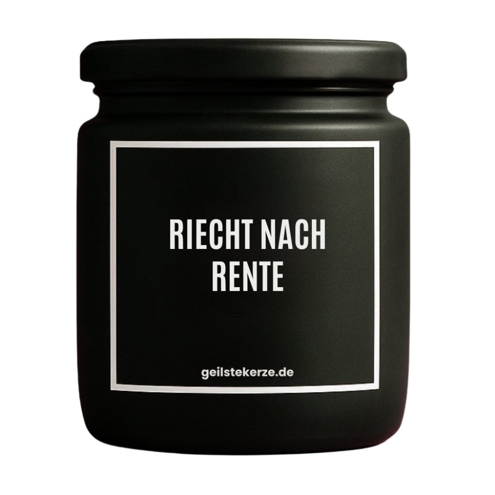 Duftkerze mit Spruch von geilstekerze ist der neue Geschenketrend. Diese witzige Kerze Vegane Bio-Kerze mit Spruch – RIECHT NACH RENTE brennt mega lange sagenhafte 80 Stunde, hochwertige ätherische Öle schaffen beste Duftverteilung. Mit 1400 lustigen Sprüchen perfekt zum Verschenken. Handgemacht in Deutschland von geilstekerze.de -Die beste Duftkerze die du kaufen kannst.