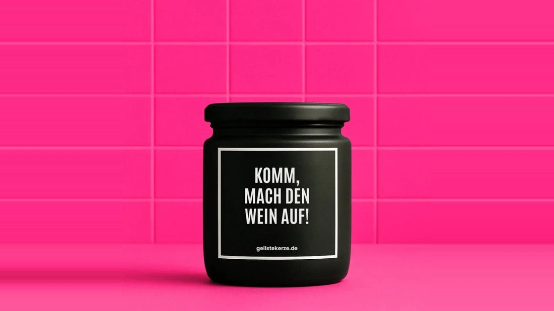Duftkerze im Glas mit dem Aufdruck KOMM, MACH DEN WEIN AUF, vor einer pinken Fliesenwand