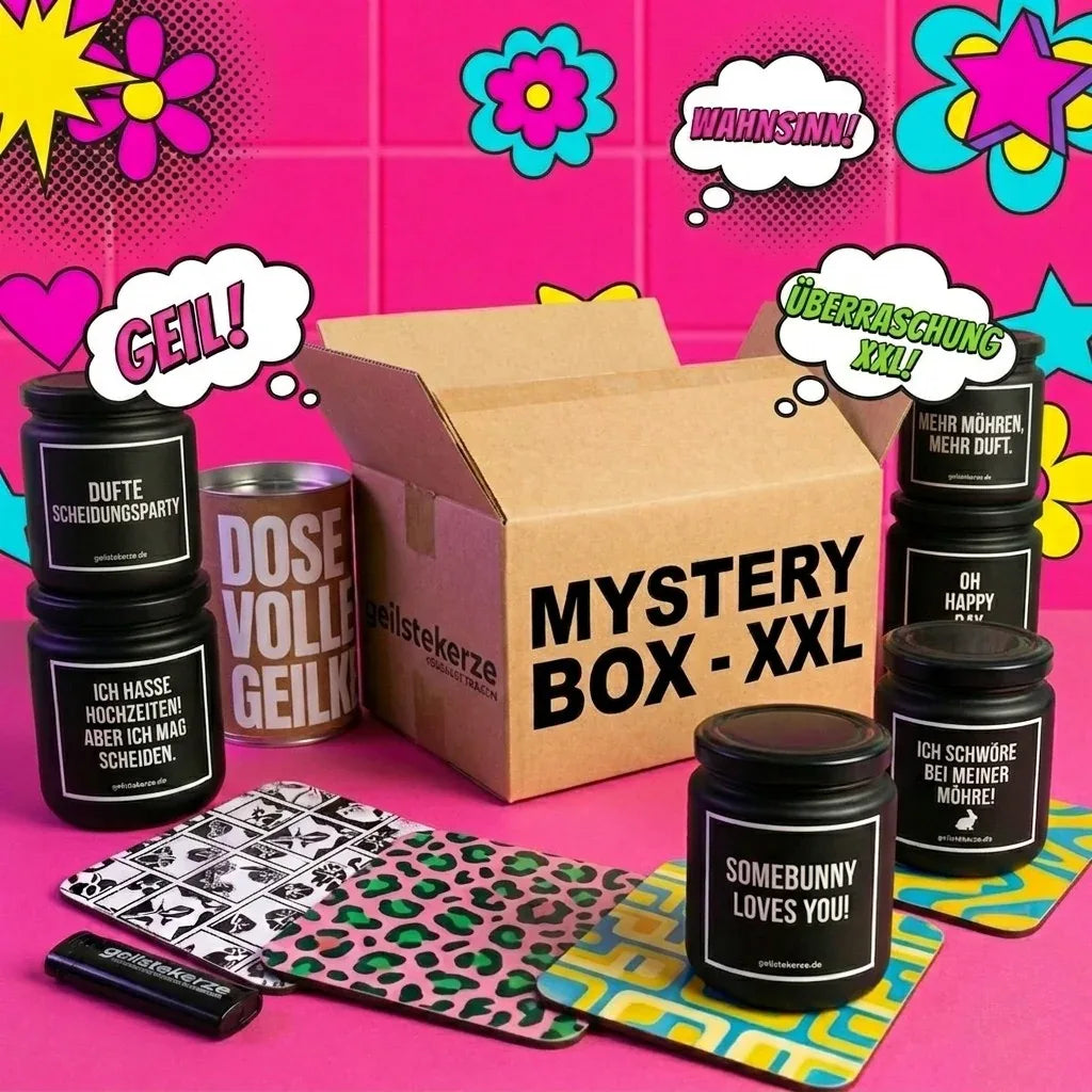Duftkerze mit Spruch von geilstekerze ist der neue Geschenketrend. Diese witzige Kerze geilstekerze.de MYSTERY BOX XXL Duftkerzen-Box brennt mega lange sagenhafte 80 Stunde, hochwertige ätherische Öle schaffen beste Duftverteilung. Mit 1400 lustigen Sprüchen perfekt zum Verschenken. Handgemacht in Deutschland von geilstekerze.de -Die beste Duftkerze die du kaufen kannst.