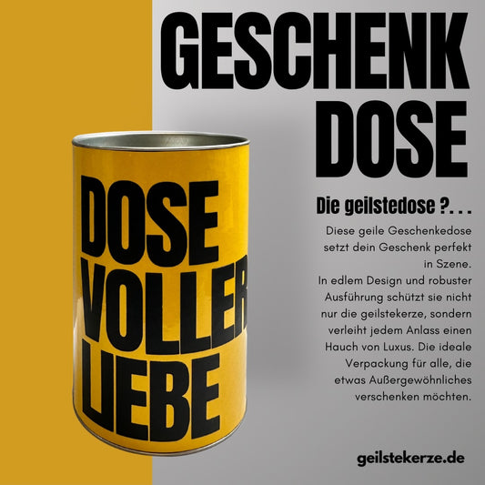 Erste von künstlicher Intelligenz kreierte geilstekerze.de Geschenkdose - gelb | DOSE VOLLER LIEBE Mega lange Brenndauer von 80 Stunde, hochwertige ätherische Öle schaffen beste Duftverteilung. Mit 1400 lustigen Sprüchen perfekt zum Verschenken. Handgemacht in Deutschland von geilstekerze.de -Die beste Duftkerze die du kaufen kannst.