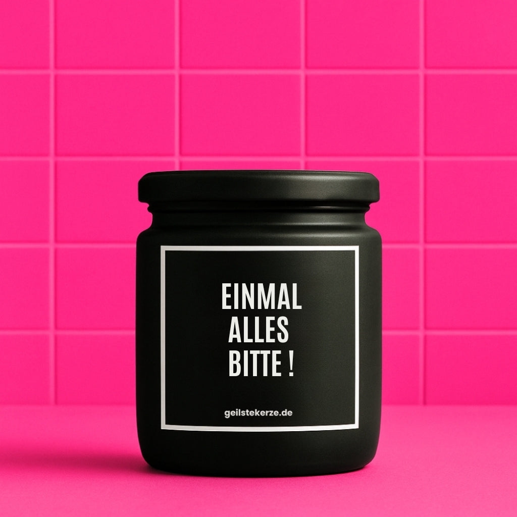 Erste von künstlicher Intelligenz kreierte Vegane Bio-Kerze mit Spruch – EINMAL ALLES BITTE Mega lange Brenndauer von 80 Stunde, hochwertige ätherische Öle schaffen beste Duftverteilung. Mit 1400 lustigen Sprüchen perfekt zum Verschenken. Handgemacht in Deutschland von geilstekerze.de -Die beste Duftkerze die du kaufen kannst.