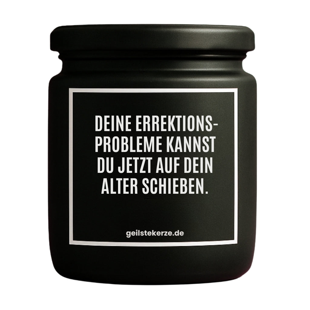 Erste von künstlicher Intelligenz kreierte Vegane Bio-Kerze mit Spruch – DEINE EREKTIONSPROBLEME KANNST DU JETZT AUFS ALTER SCHIEBEN. Mega lange Brenndauer von 80 Stunde, hochwertige ätherische Öle schaffen beste Duftverteilung. Mit 1400 lustigen Sprüchen perfekt zum Verschenken. Handgemacht in Deutschland von geilstekerze.de -Die beste Duftkerze die du kaufen kannst.
