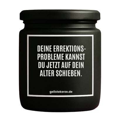 Erste von künstlicher Intelligenz kreierte Vegane Bio-Kerze mit Spruch – DEINE EREKTIONSPROBLEME KANNST DU JETZT AUFS ALTER SCHIEBEN. Mega lange Brenndauer von 80 Stunde, hochwertige ätherische Öle schaffen beste Duftverteilung. Mit 1400 lustigen Sprüchen perfekt zum Verschenken. Handgemacht in Deutschland von geilstekerze.de -Die beste Duftkerze die du kaufen kannst.