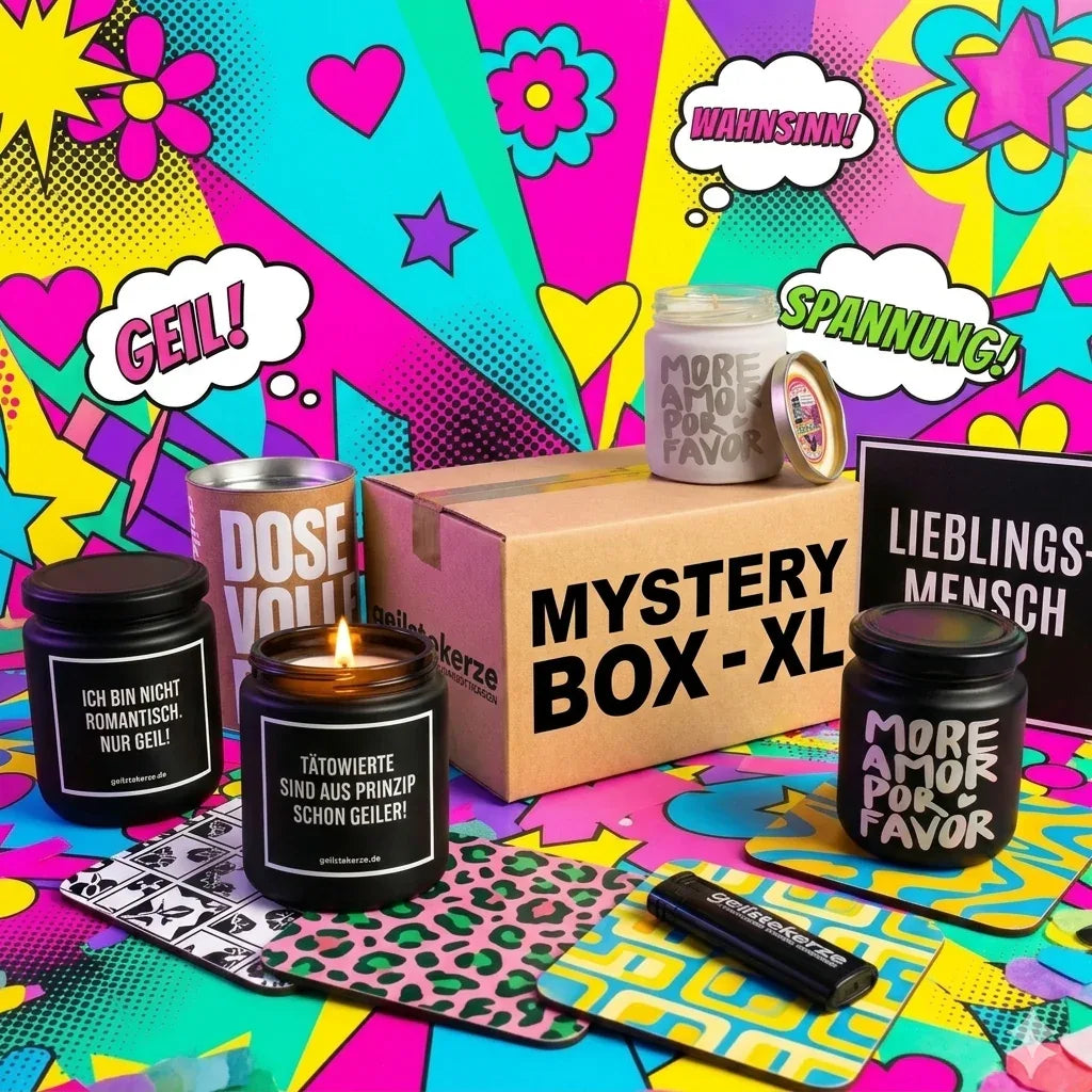 Duftkerze mit Spruch von geilstekerze ist der neue Geschenketrend. Diese witzige Kerze geilstekerze.de MYSTERY BOX XL Duftkerzen-Box brennt mega lange sagenhafte 80 Stunde, hochwertige ätherische Öle schaffen beste Duftverteilung. Mit 1400 lustigen Sprüchen perfekt zum Verschenken. Handgemacht in Deutschland von geilstekerze.de -Die beste Duftkerze die du kaufen kannst.