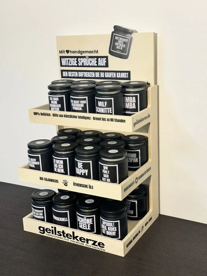 geilstekerze Premium Verkaufsdisplay für 30 Duftkerzen – Aufsteller für Ladengeschäfte