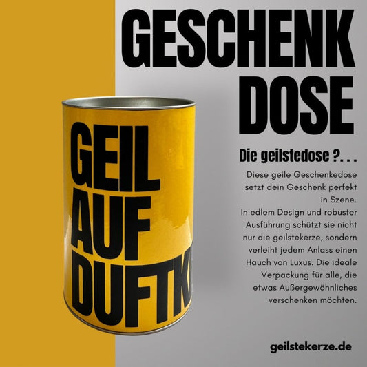 Duftkerze mit Spruch von geilstekerze ist der neue Geschenketrend. Diese witzige Kerze geilstekerze.de Geschenkdose - gelb | GEIL AUF DUFTKERZE brennt mega lange sagenhafte 80 Stunde, hochwertige ätherische Öle schaffen beste Duftverteilung. Mit 1400 lustigen Sprüchen perfekt zum Verschenken. Handgemacht in Deutschland von geilstekerze.de -Die beste Duftkerze die du kaufen kannst.