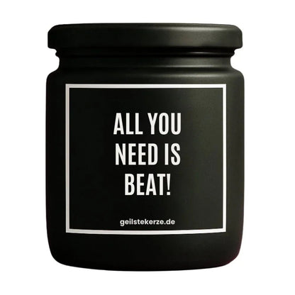 ALL YOU NEED IS BEAT Duftkerze Detail – weißes Sojawachs, handgemacht