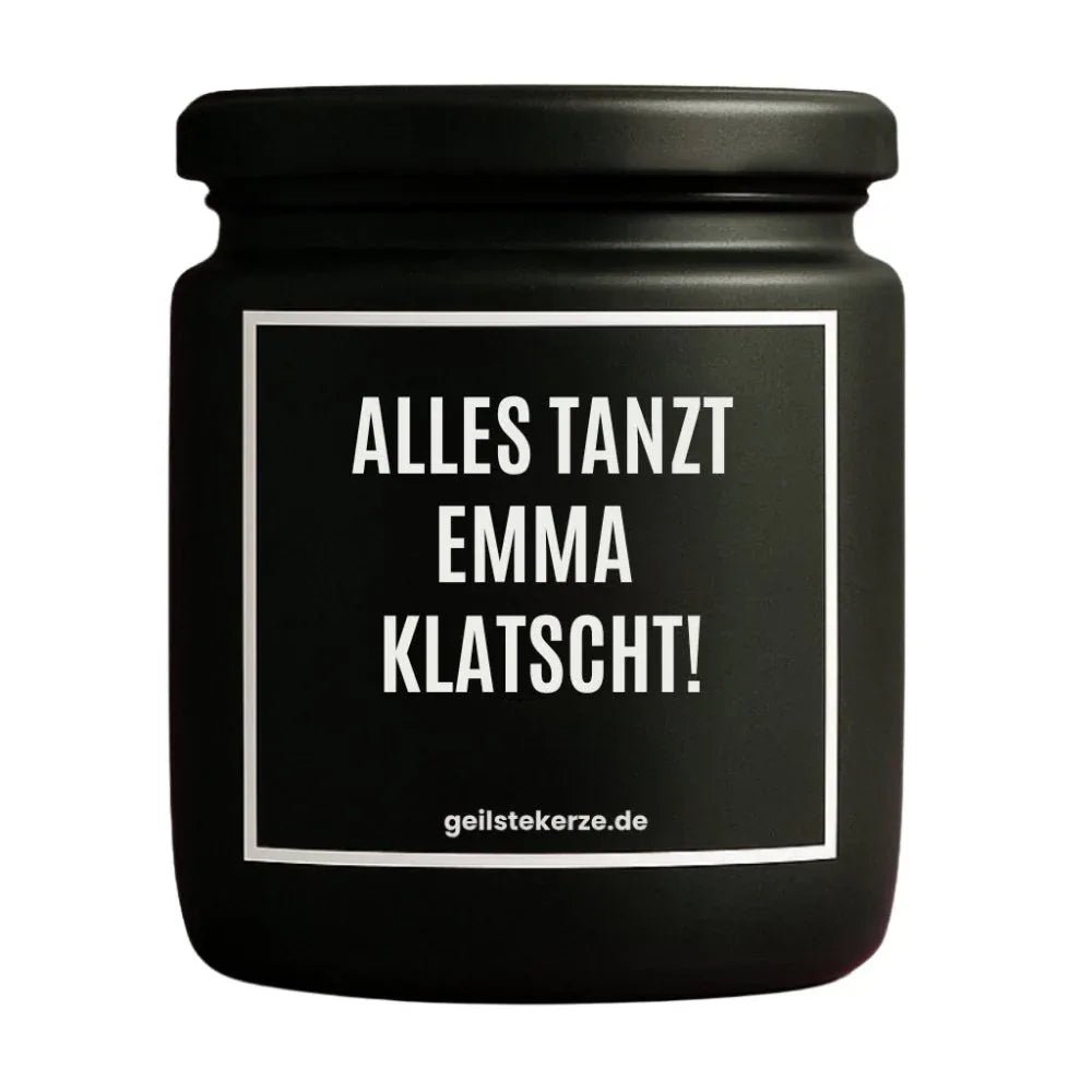 ALLES TANZT EMMA KLATSCHT Duftkerze Detail – Sojawachs, handgemacht