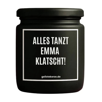 ALLES TANZT EMMA KLATSCHT Duftkerze Detail – Sojawachs, handgemacht