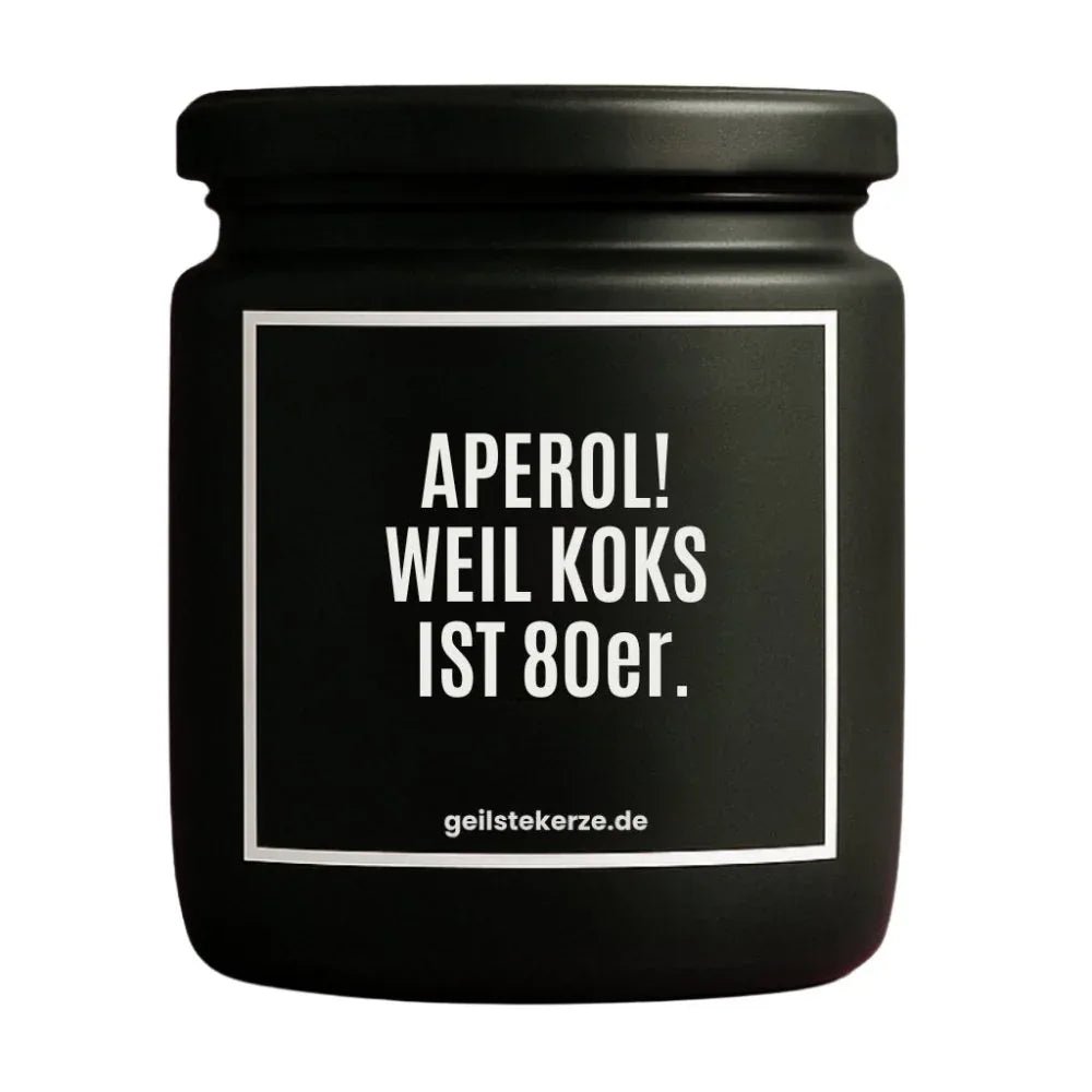 APEROL WEIL KOKS IST 80ER Duftkerze Detail – weißes Sojawachs, handgemacht