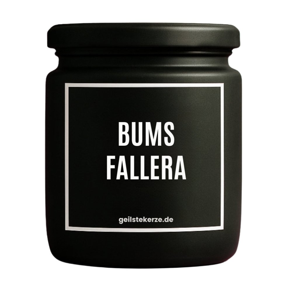 Duftkerze mit Spruch von geilstekerze ist der neue Geschenketrend. Diese witzige Kerze Vegane Bio-Kerze mit Spruch – BUMS FALLERA brennt mega lange sagenhafte 80 Stunde, hochwertige ätherische Öle schaffen beste Duftverteilung. Mit 1400 lustigen Sprüchen perfekt zum Verschenken. Handgemacht in Deutschland von geilstekerze.de -Die beste Duftkerze die du kaufen kannst.