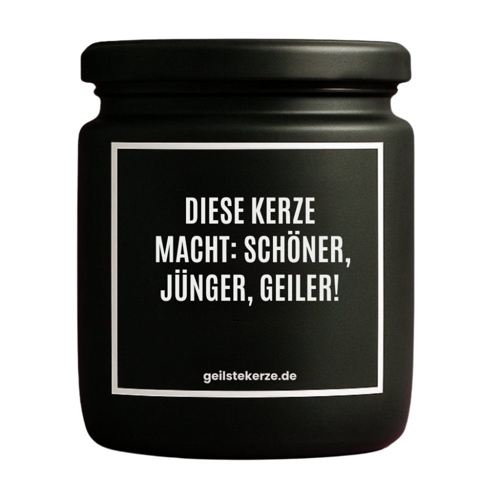 Duftkerze mit Spruch von geilstekerze ist der neue Geschenketrend. Diese witzige Kerze Vegane Bio-Kerze mit Spruch – DIESE KERZE MACHT: SCHÖNER, JÜNGER, GEILER! brennt mega lange sagenhafte 80 Stunde, hochwertige ätherische Öle schaffen beste Duftverteilung. Mit 1400 lustigen Sprüchen perfekt zum Verschenken. Handgemacht in Deutschland von geilstekerze.de -Die beste Duftkerze die du kaufen kannst.