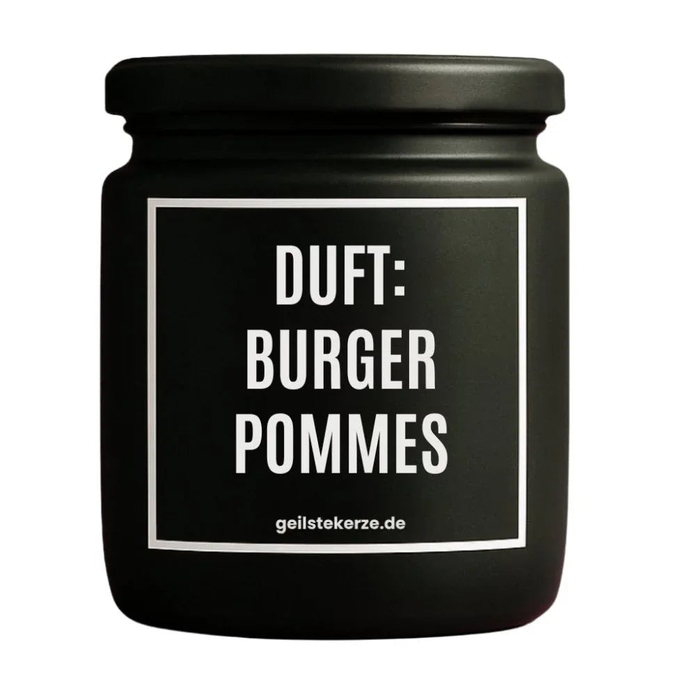 Duftkerze mit Spruch von geilstekerze ist der neue Geschenketrend. Diese witzige Kerze Vegane Bio-Kerze mit Spruch – DUFT: BURGER POMMES brennt mega lange sagenhafte 80 Stunde, hochwertige ätherische Öle schaffen beste Duftverteilung. Mit 1400 lustigen Sprüchen perfekt zum Verschenken. Handgemacht in Deutschland von geilstekerze.de -Die beste Duftkerze die du kaufen kannst.