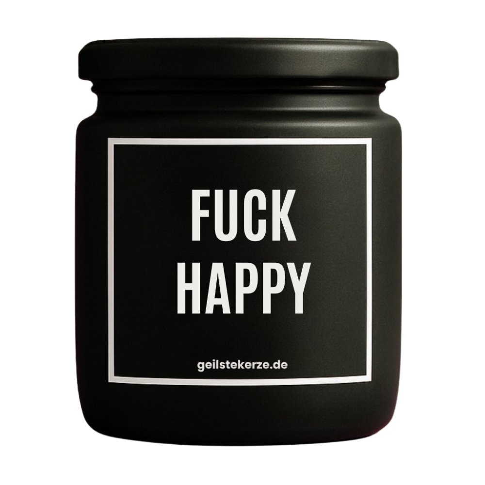 Duftkerze mit Spruch von geilstekerze ist der neue Geschenketrend. Diese witzige Kerze Vegane Bio-Kerze mit Spruch – FUCK HAPPY brennt mega lange sagenhafte 80 Stunde, hochwertige ätherische Öle schaffen beste Duftverteilung. Mit 1400 lustigen Sprüchen perfekt zum Verschenken. Handgemacht in Deutschland von geilstekerze.de -Die beste Duftkerze die du kaufen kannst.