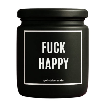 Duftkerze mit Spruch von geilstekerze ist der neue Geschenketrend. Diese witzige Kerze Vegane Bio-Kerze mit Spruch – FUCK HAPPY brennt mega lange sagenhafte 80 Stunde, hochwertige ätherische Öle schaffen beste Duftverteilung. Mit 1400 lustigen Sprüchen perfekt zum Verschenken. Handgemacht in Deutschland von geilstekerze.de -Die beste Duftkerze die du kaufen kannst.