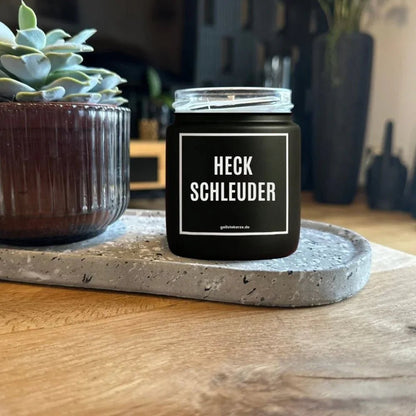 HECKSCHLEUDER Kerze Seitenansicht – vegane Bio-Duftkerze im Glasgefäß
