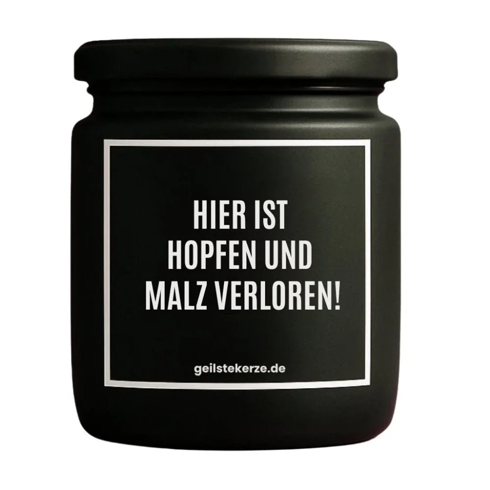 HIER IST HOPFEN UND MALZ VERLOREN Duftkerze Detail – Sojawachs, handgemacht