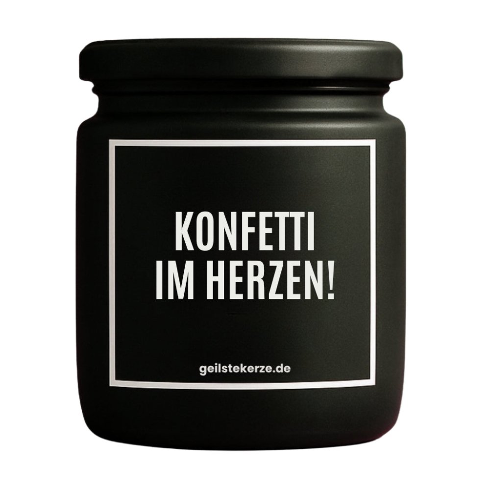 Duftkerze mit Spruch von geilstekerze ist der neue Geschenketrend. Diese witzige Kerze Vegane Bio-Kerze mit Spruch – KONFETTI IM HERZEN! brennt mega lange sagenhafte 80 Stunde, hochwertige ätherische Öle schaffen beste Duftverteilung. Mit 1400 lustigen Sprüchen perfekt zum Verschenken. Handgemacht in Deutschland von geilstekerze.de -Die beste Duftkerze die du kaufen kannst.