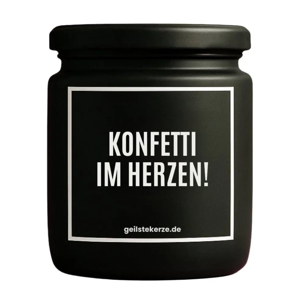Duftkerze mit Spruch von geilstekerze ist der neue Geschenketrend. Diese witzige Kerze Vegane Bio-Kerze mit Spruch – KONFETTI IM HERZEN! brennt mega lange sagenhafte 80 Stunde, hochwertige ätherische Öle schaffen beste Duftverteilung. Mit 1400 lustigen Sprüchen perfekt zum Verschenken. Handgemacht in Deutschland von geilstekerze.de -Die beste Duftkerze die du kaufen kannst.