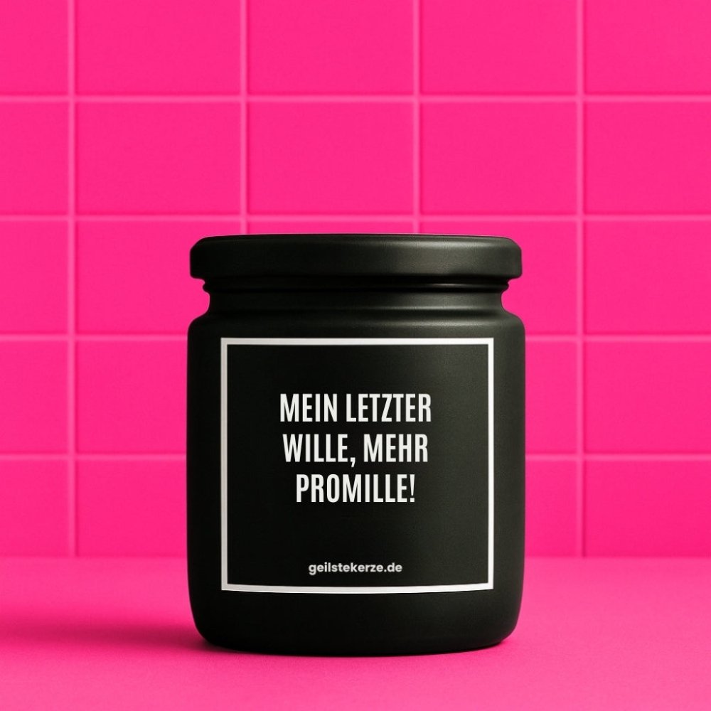 Duftkerze mit Spruch von geilstekerze ist der neue Geschenketrend. Diese witzige Kerze Vegane Bio-Kerze mit Spruch – MEIN LETZTER WILLE. MEHR PROMILLE! brennt mega lange sagenhafte 80 Stunde, hochwertige ätherische Öle schaffen beste Duftverteilung. Mit 1400 lustigen Sprüchen perfekt zum Verschenken. Handgemacht in Deutschland von geilstekerze.de -Die beste Duftkerze die du kaufen kannst.