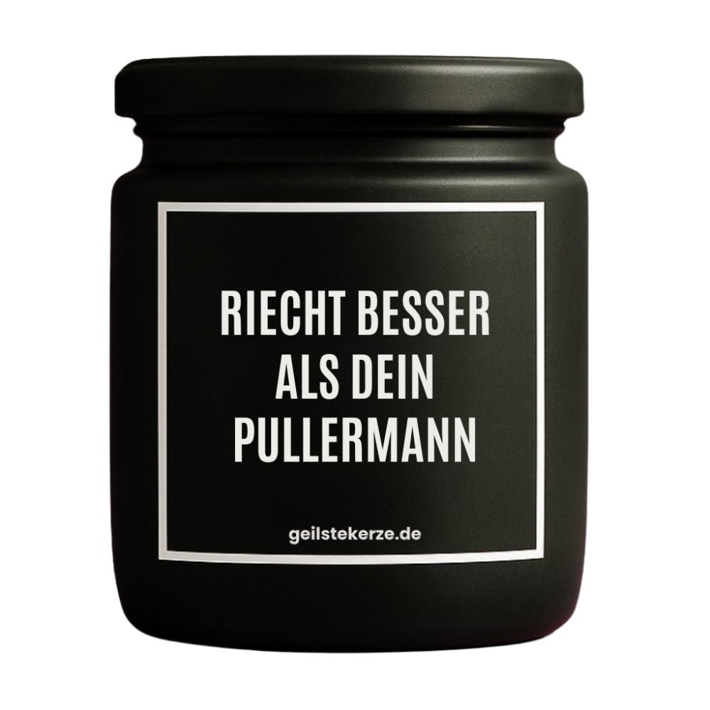 Duftkerze mit Spruch von geilstekerze ist der neue Geschenketrend. Diese witzige Kerze Vegane Bio-Kerze mit Spruch – RIECHT BESSER ALS DEIN PULLERMANN brennt mega lange sagenhafte 80 Stunde, hochwertige ätherische Öle schaffen beste Duftverteilung. Mit 1400 lustigen Sprüchen perfekt zum Verschenken. Handgemacht in Deutschland von geilstekerze.de -Die beste Duftkerze die du kaufen kannst.