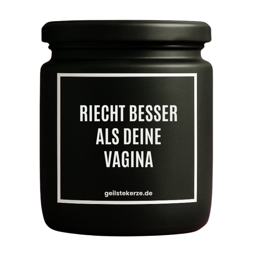 Duftkerze mit Spruch von geilstekerze ist der neue Geschenketrend. Diese witzige Kerze Vegane Bio-Kerze mit Spruch – RIECHT BESSER ALS DEINE VAGINA brennt mega lange sagenhafte 80 Stunde, hochwertige ätherische Öle schaffen beste Duftverteilung. Mit 1400 lustigen Sprüchen perfekt zum Verschenken. Handgemacht in Deutschland von geilstekerze.de -Die beste Duftkerze die du kaufen kannst.