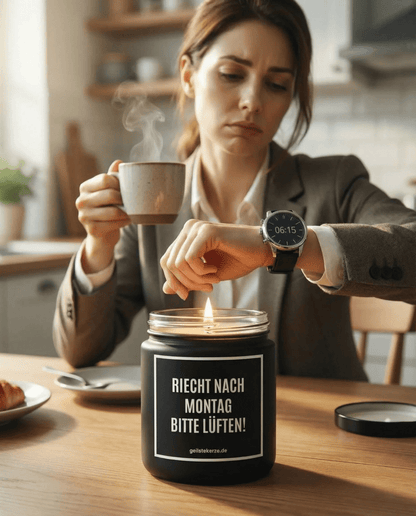 Duftkerze mit Spruch von geilstekerze ist der neue Geschenketrend. Diese witzige Kerze Vegane Bio-Kerze mit Spruch – RIECHT NACH MONTAG BITTE LÜFTEN! brennt mega lange sagenhafte 80 Stunde, hochwertige ätherische Öle schaffen beste Duftverteilung. Mit 1400 lustigen Sprüchen perfekt zum Verschenken. Handgemacht in Deutschland von geilstekerze.de -Die beste Duftkerze die du kaufen kannst.