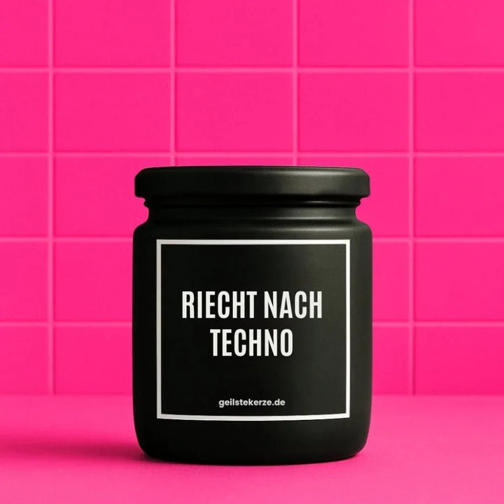 RIECHT NACH TECHNO Duftkerze im Glasgefäß – Sojawachs, Techno-Rave-Humor-Party-Statement