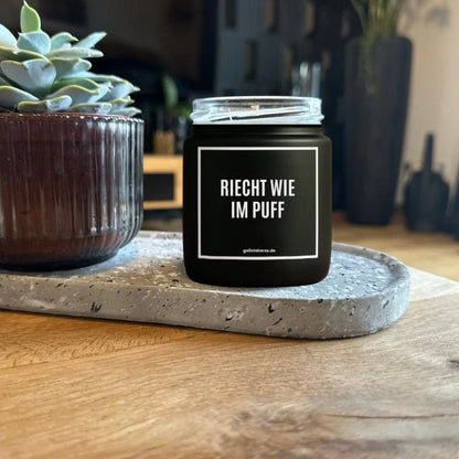 RIECHT WIE IM PUFF Kerze Seitenansicht – vegane Bio-Duftkerze im Glasgefäß