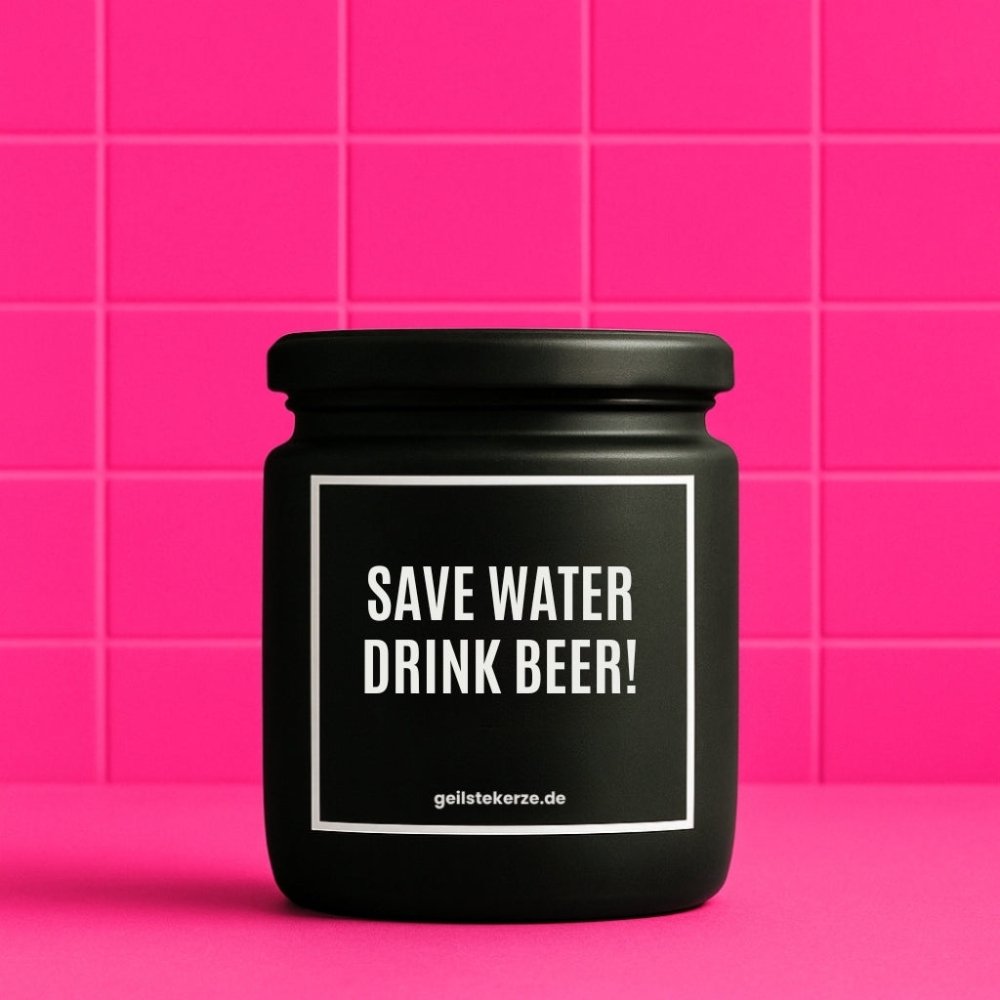 Duftkerze mit Spruch von geilstekerze ist der neue Geschenketrend. Diese witzige Kerze Vegane Bio-Kerze mit Spruch – SAVE WATER DRINK BEER! brennt mega lange sagenhafte 80 Stunde, hochwertige ätherische Öle schaffen beste Duftverteilung. Mit 1400 lustigen Sprüchen perfekt zum Verschenken. Handgemacht in Deutschland von geilstekerze.de -Die beste Duftkerze die du kaufen kannst.