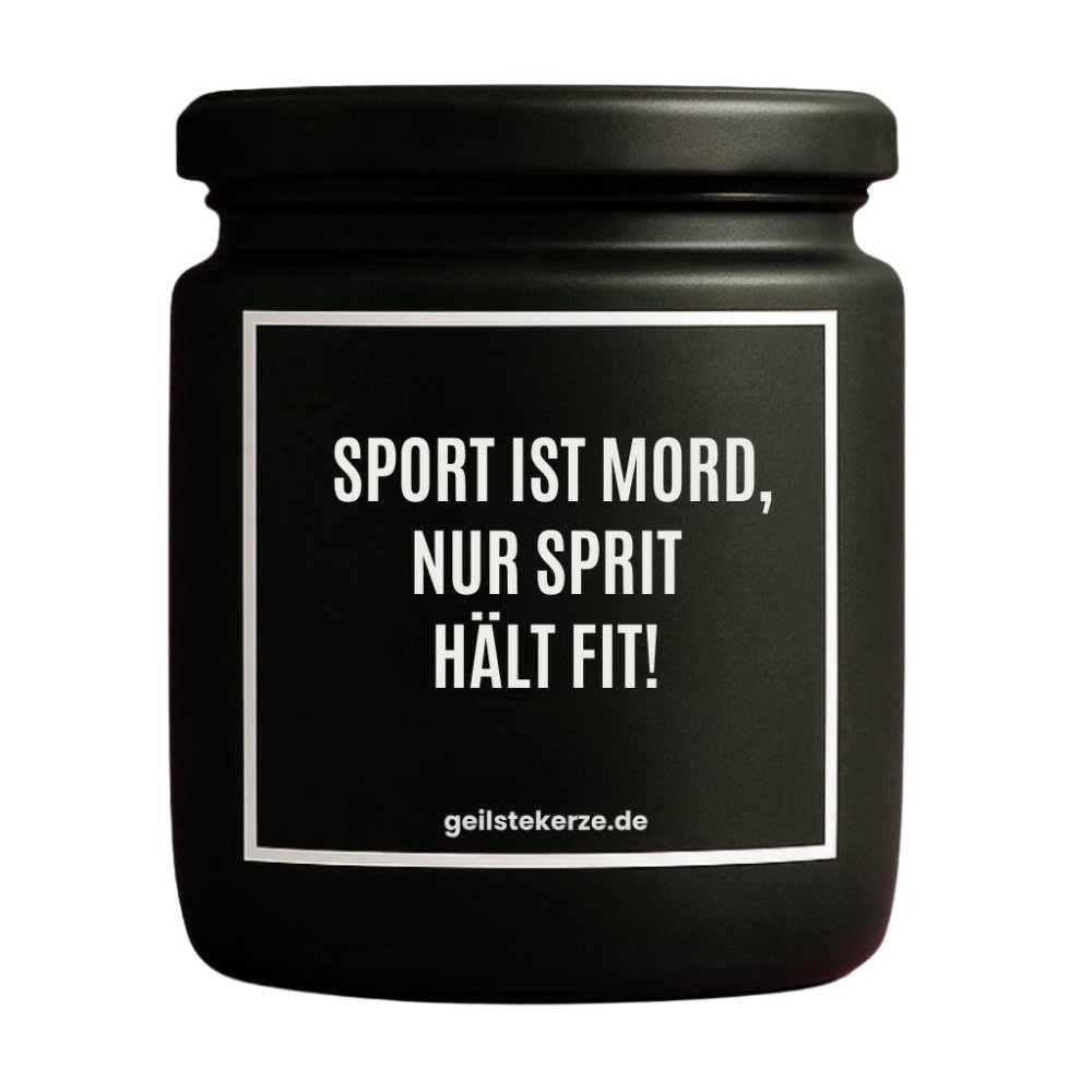 Duftkerze mit Spruch von geilstekerze ist der neue Geschenketrend. Diese witzige Kerze Vegane Bio-Kerze mit Spruch – SPORT IST MORD, NUR SPRIT HÄLT FIT! brennt mega lange sagenhafte 80 Stunde, hochwertige ätherische Öle schaffen beste Duftverteilung. Mit 1400 lustigen Sprüchen perfekt zum Verschenken. Handgemacht in Deutschland von geilstekerze.de -Die beste Duftkerze die du kaufen kannst.