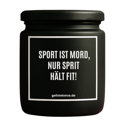 Duftkerze mit Spruch von geilstekerze ist der neue Geschenketrend. Diese witzige Kerze Vegane Bio-Kerze mit Spruch – SPORT IST MORD, NUR SPRIT HÄLT FIT! brennt mega lange sagenhafte 80 Stunde, hochwertige ätherische Öle schaffen beste Duftverteilung. Mit 1400 lustigen Sprüchen perfekt zum Verschenken. Handgemacht in Deutschland von geilstekerze.de -Die beste Duftkerze die du kaufen kannst.