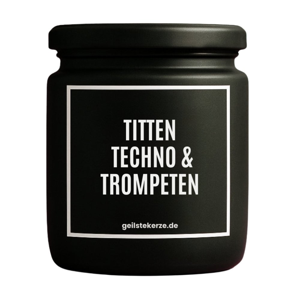 Duftkerze mit Spruch von geilstekerze ist der neue Geschenketrend. Diese witzige Kerze Vegane Bio-Kerze mit Spruch – TITTEN TECHNO & TROMPETEN brennt mega lange sagenhafte 80 Stunde, hochwertige ätherische Öle schaffen beste Duftverteilung. Mit 1400 lustigen Sprüchen perfekt zum Verschenken. Handgemacht in Deutschland von geilstekerze.de -Die beste Duftkerze die du kaufen kannst.