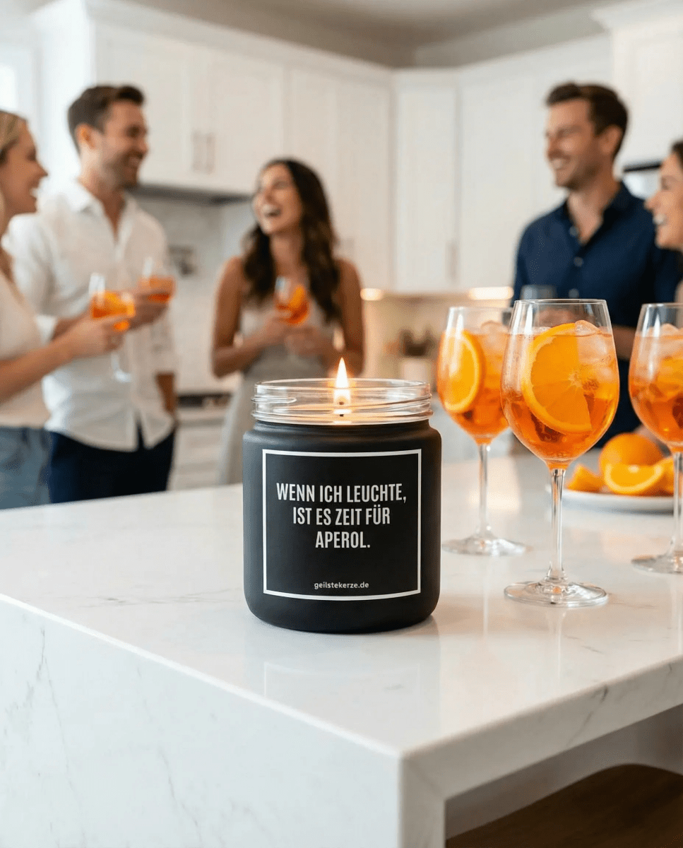 Vegane Bio-Kerze mit Spruch – WENN ICH LEUCHTE IST ES ZEIT FÜR APEROL.