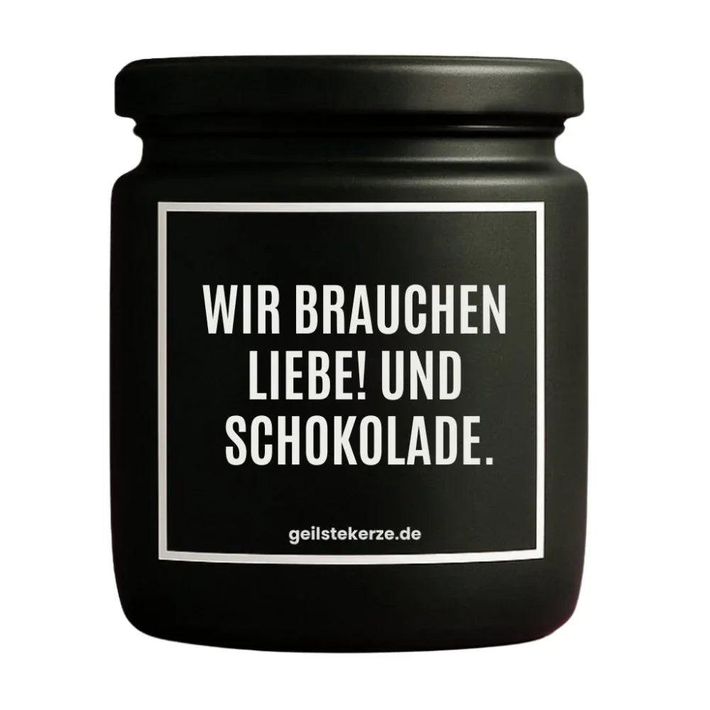 WIR BRAUCHEN LIEBE UND SCHOKOLADE Duftkerze Detail – weißes Sojawachs, handgemacht